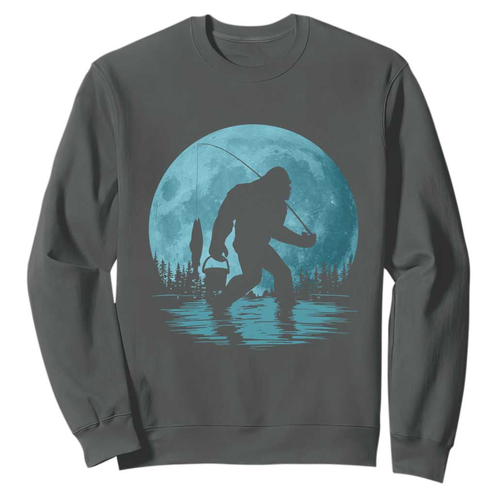 Funny Bigfoot Fishing Night Stroll Full Moon Sweatshirt TS11 Dark Heather Print Your Wear