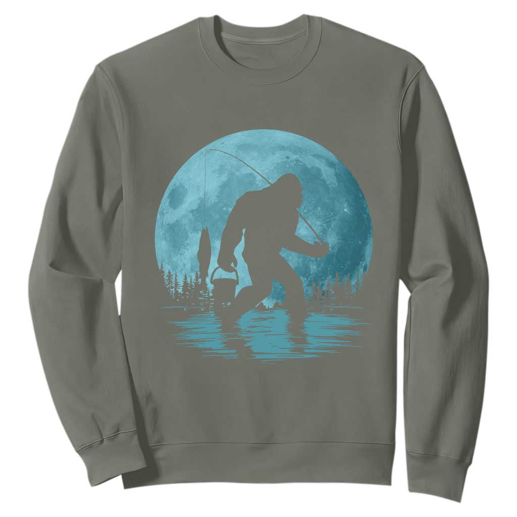 Funny Bigfoot Fishing Night Stroll Full Moon Sweatshirt TS11 Military Green Print Your Wear
