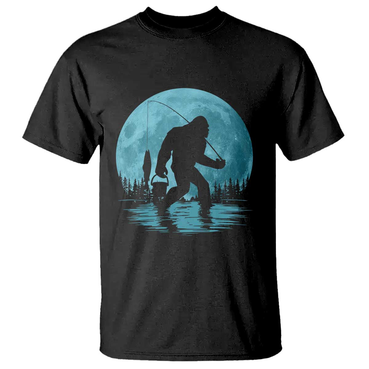 Funny Bigfoot Fishing Night Stroll Full Moon T Shirt - Print Your Wear