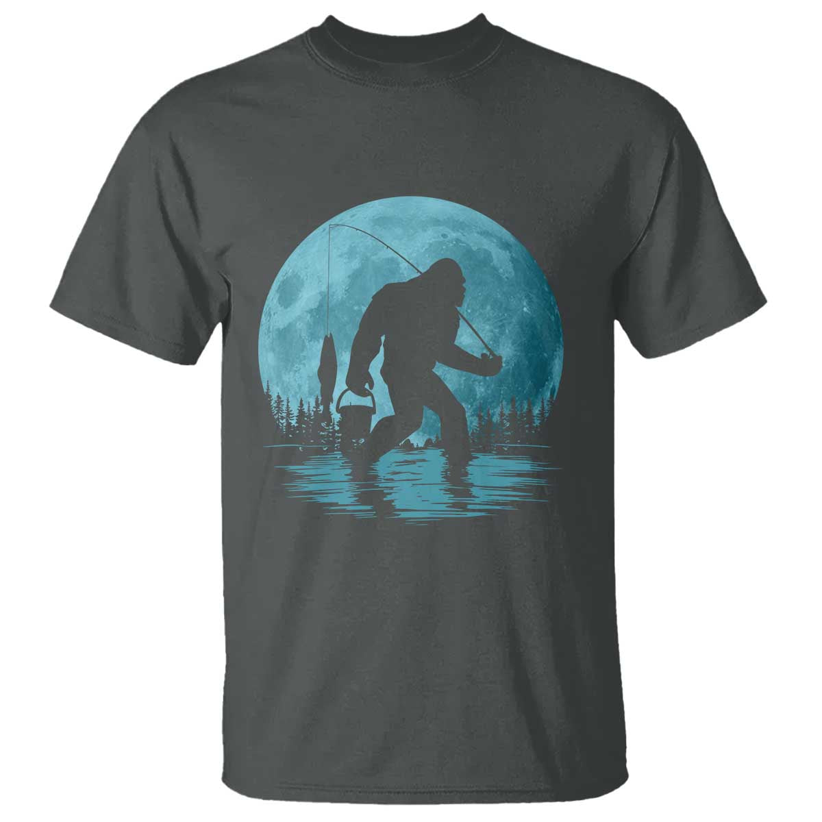 Funny Bigfoot Fishing Night Stroll Full Moon T Shirt TS11 Dark Heather Print Your Wear