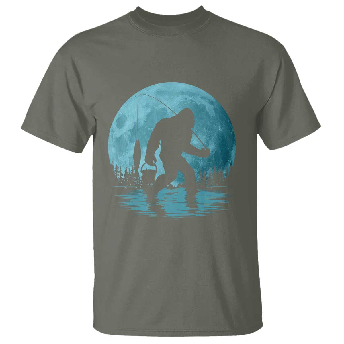 Funny Bigfoot Fishing Night Stroll Full Moon T Shirt TS11 Military Green Print Your Wear