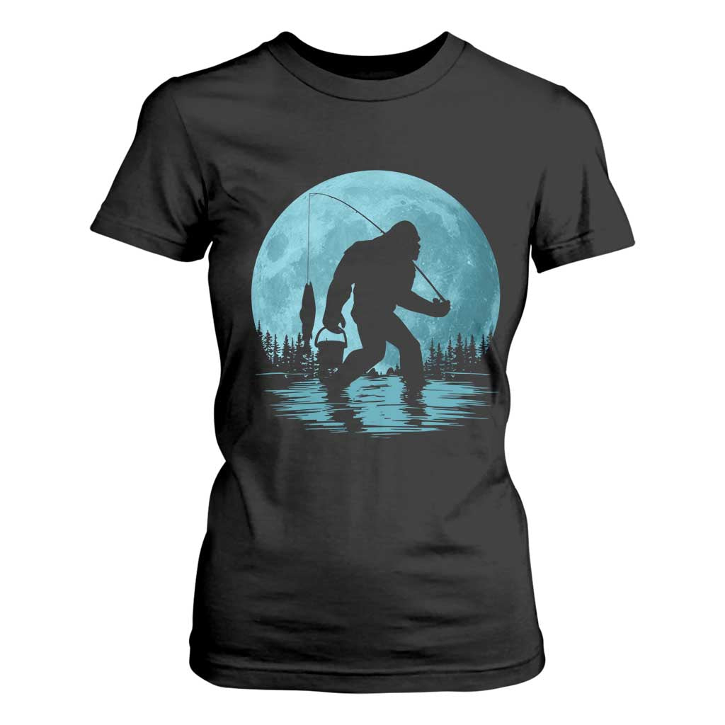 Funny Bigfoot Fishing Night Stroll Full Moon T Shirt For Women - Print Your Wear