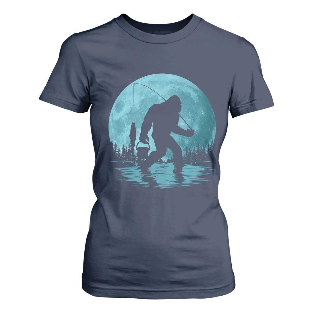 Funny Bigfoot Fishing Night Stroll Full Moon T Shirt For Women TS11 Navy Print Your Wear
