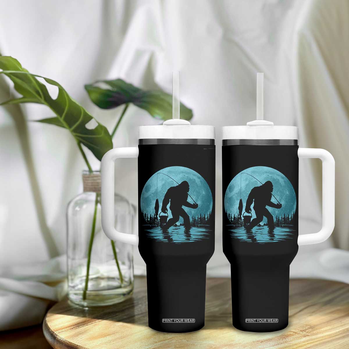 Funny Bigfoot Fishing Night Stroll Full Moon Tumbler With Handle TS11 Print Your Wear