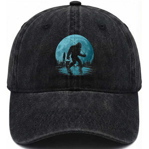 Funny Bigfoot Fishing Night Stroll Full Moon Washed Cotton Baseball Cap TS11 Print Your Wear
