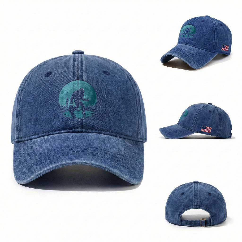 Funny Bigfoot Fishing Night Stroll Full Moon Washed Cotton Baseball Cap TS11 Washed Cap Universal Fit Royal Blue Print Your Wear