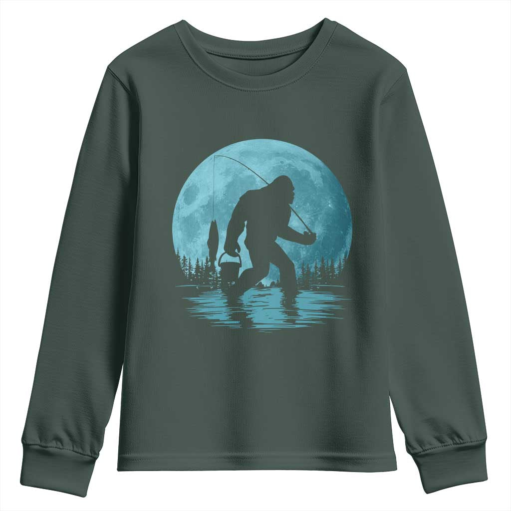 Funny Bigfoot Fishing Night Stroll Full Moon Youth Sweatshirt TS11 Dark Forest Green Print Your Wear