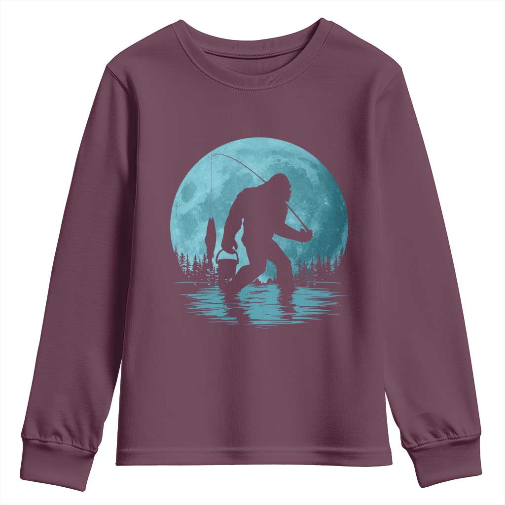 Funny Bigfoot Fishing Night Stroll Full Moon Youth Sweatshirt TS11 Maroon Print Your Wear