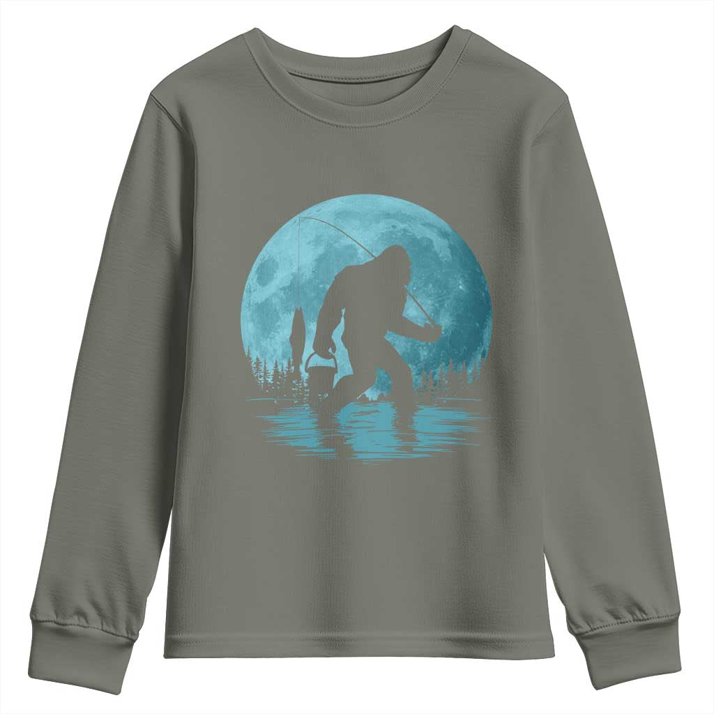 Funny Bigfoot Fishing Night Stroll Full Moon Youth Sweatshirt TS11 Military Green Print Your Wear