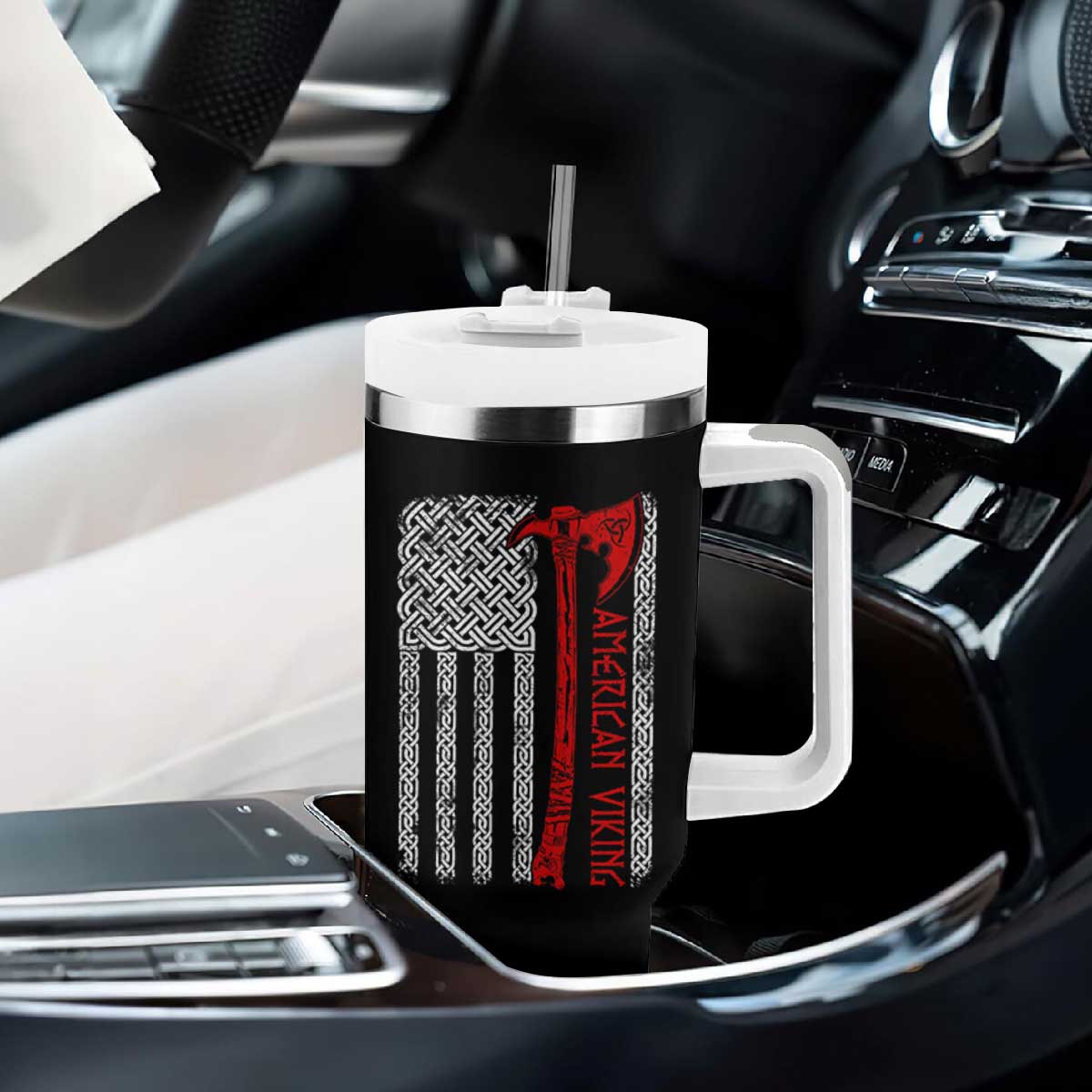 American Viking Tumbler With Handle Norse Mythology Axe Celtic Knot USA Flag TS11 Print Your Wear