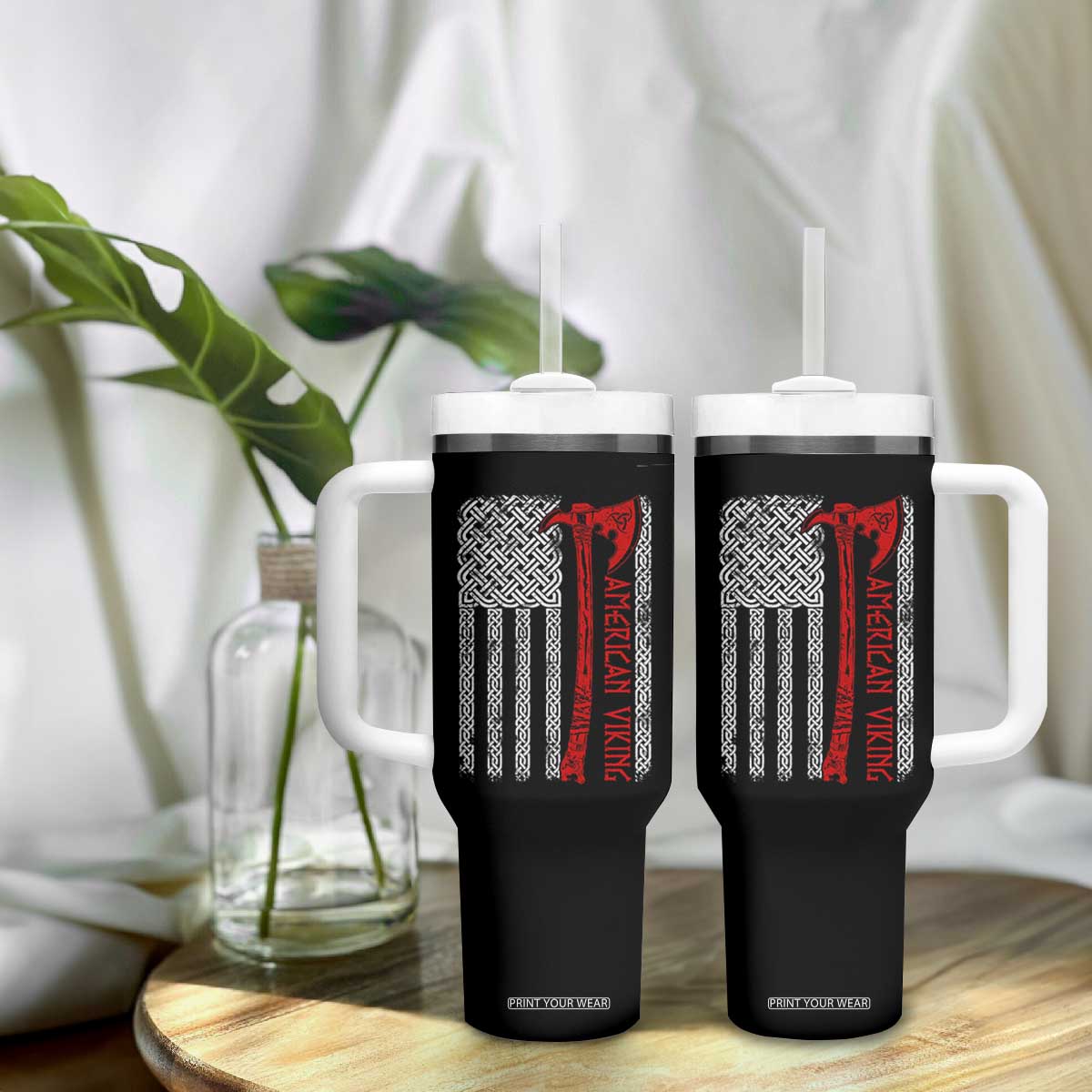American Viking Tumbler With Handle Norse Mythology Axe Celtic Knot USA Flag TS11 Print Your Wear