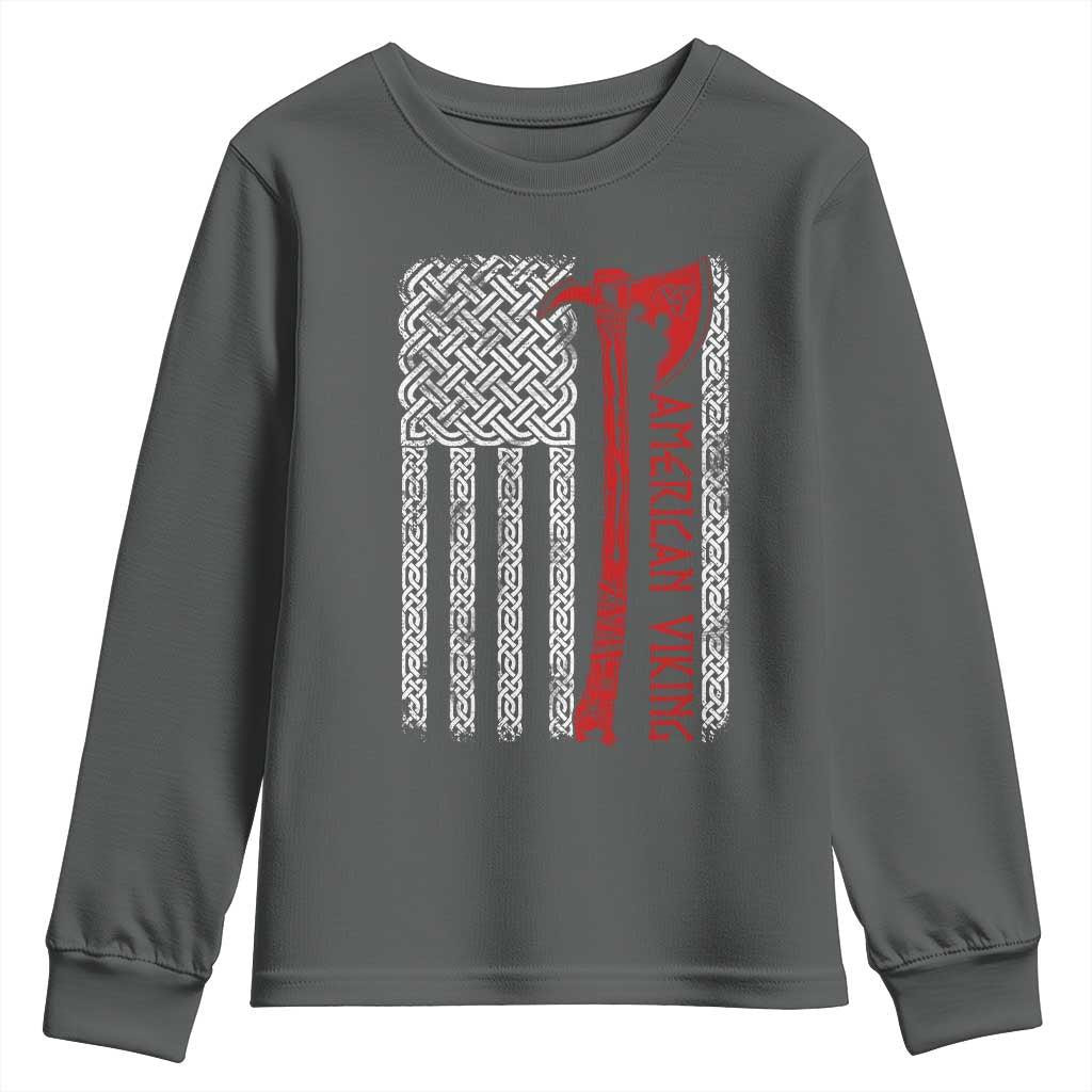 American Viking Youth Sweatshirt Norse Mythology Axe Celtic Knot USA Flag TS11 Dark Heather Print Your Wear
