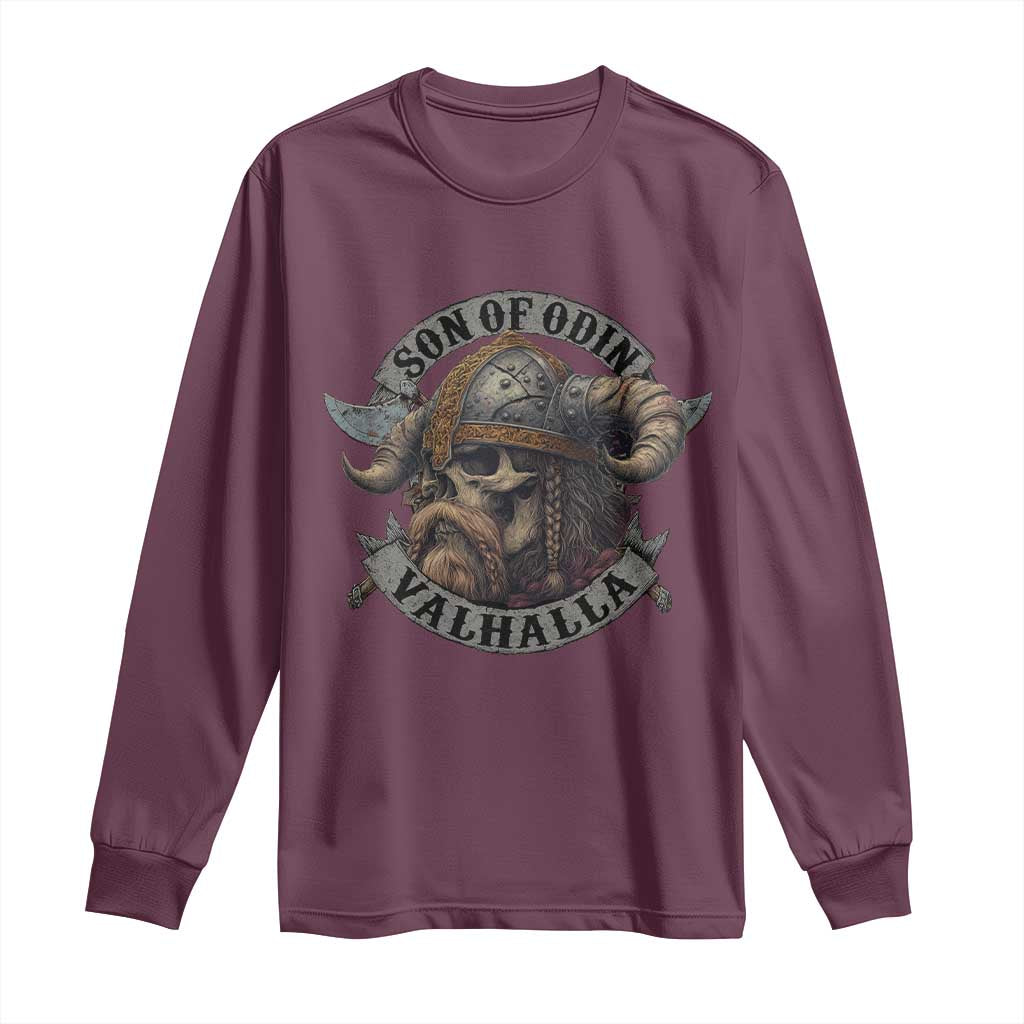 Son Of Odin Valhalla Long Sleeve Shirt Nordic Norse Viking Warrior Skull TS11 Maroon Print Your Wear