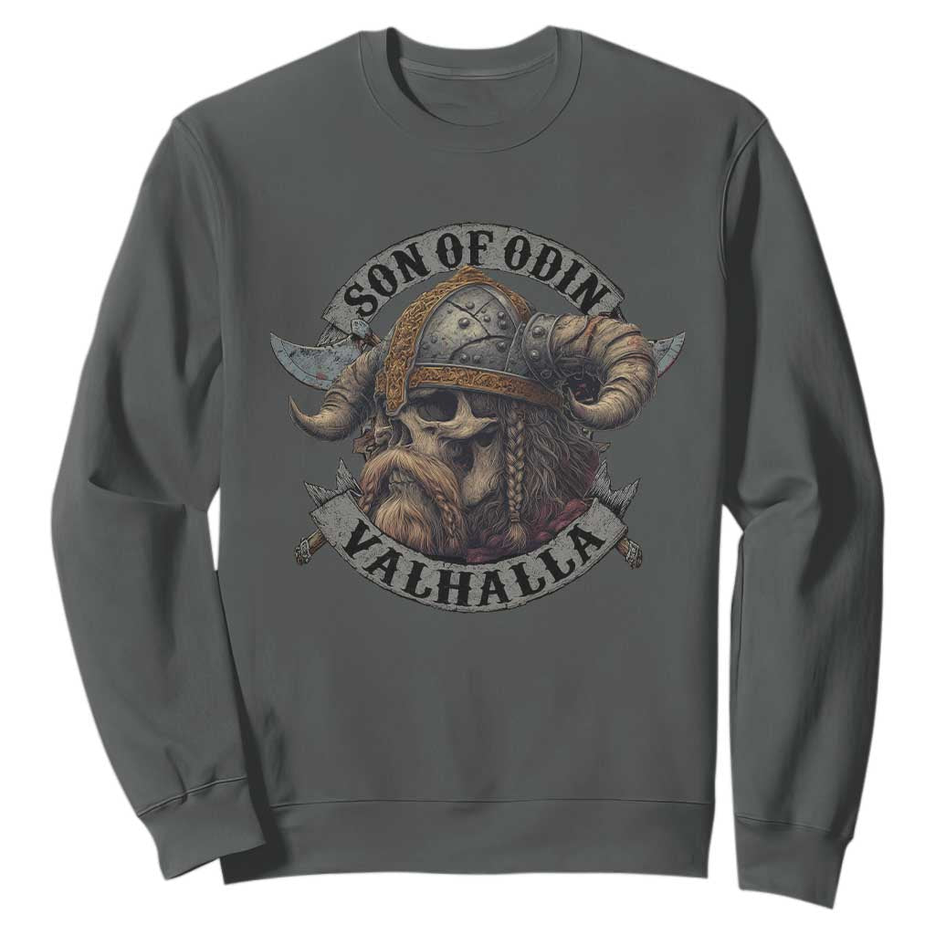 Son Of Odin Valhalla Sweatshirt Nordic Norse Viking Warrior Skull TS11 Dark Heather Print Your Wear