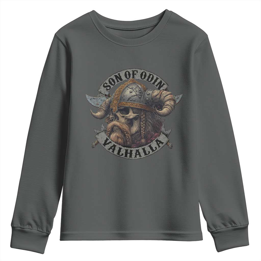 Son Of Odin Valhalla Youth Sweatshirt Nordic Norse Viking Warrior Skull TS11 Dark Heather Print Your Wear