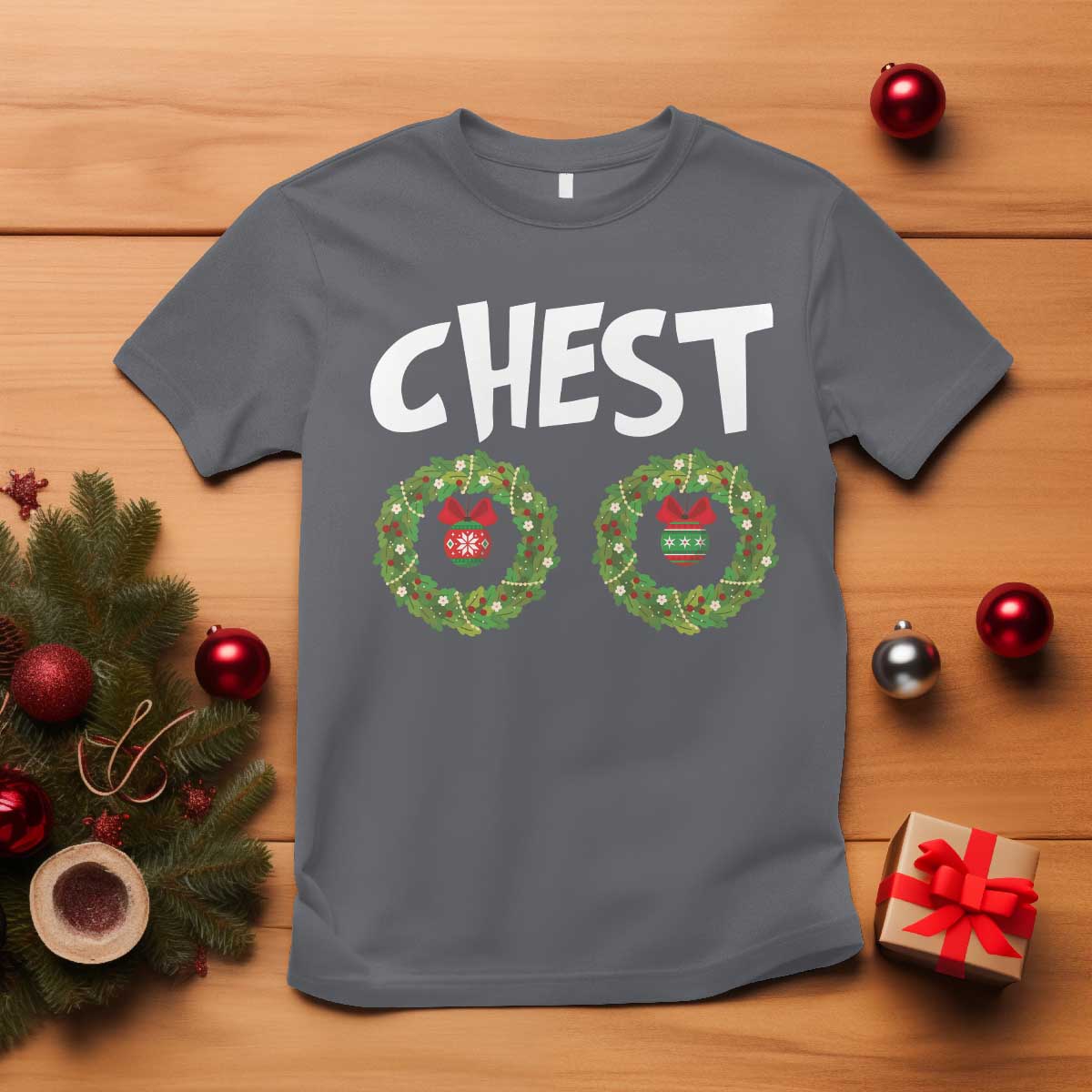 Funny Christmas Couple T Shirt Chest Nuts Bauble Xmas Wreath TS11 Charcoal Print Your Wear