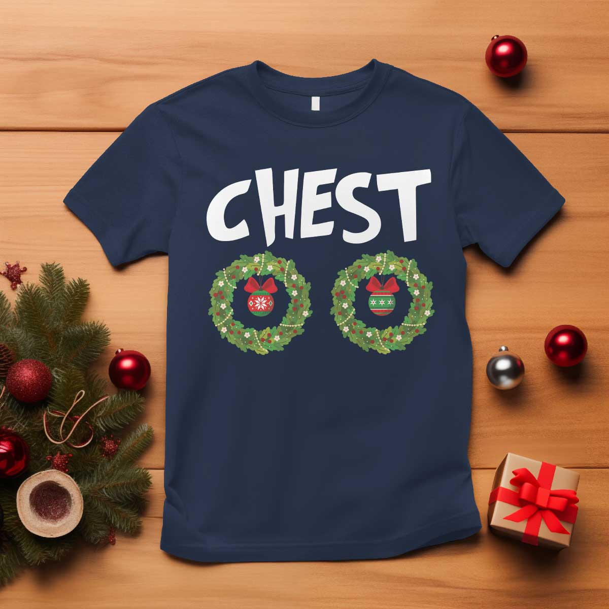 Funny Christmas Couple T Shirt Chest Nuts Bauble Xmas Wreath TS11 Navy Print Your Wear