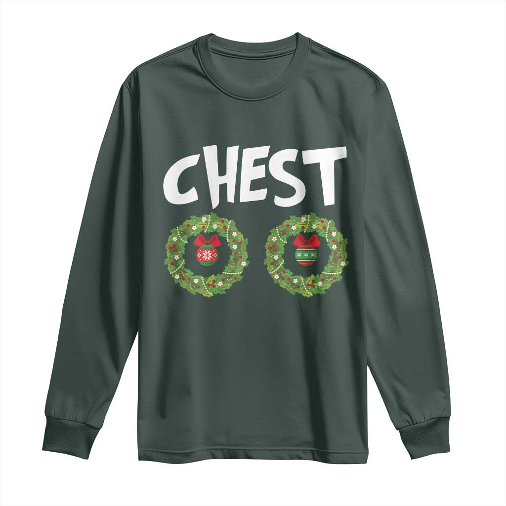Funny Christmas Couple Long Sleeve Shirt Chest Nuts Bauble Xmas Wreath TS11 Dark Forest Green Print Your Wear