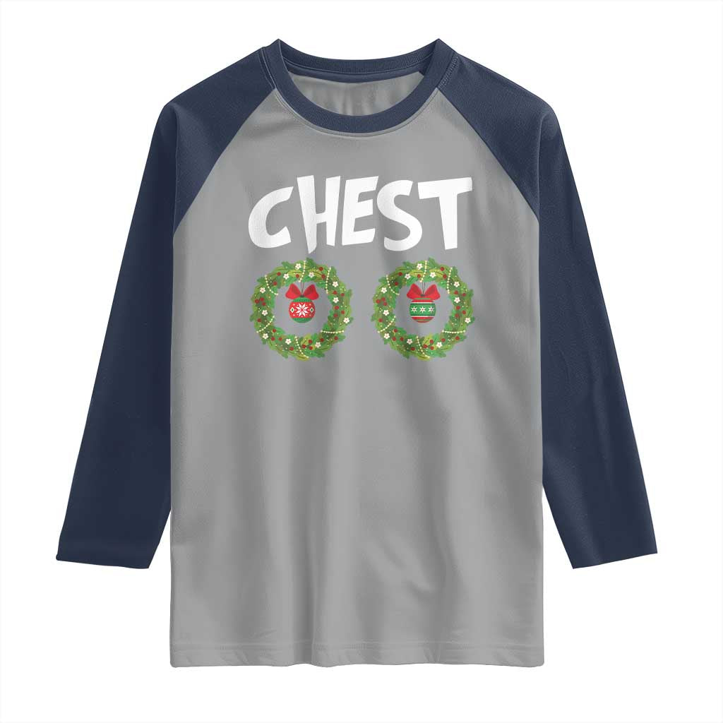 Funny Christmas Couple Raglan Shirt Chest Nuts Bauble Xmas Wreath TS11 Sport Gray Navy Print Your Wear