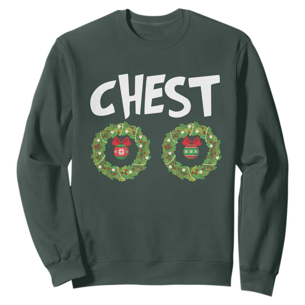 Funny Christmas Couple Sweatshirt Chest Nuts Bauble Xmas Wreath TS11 Dark Forest Green Print Your Wear