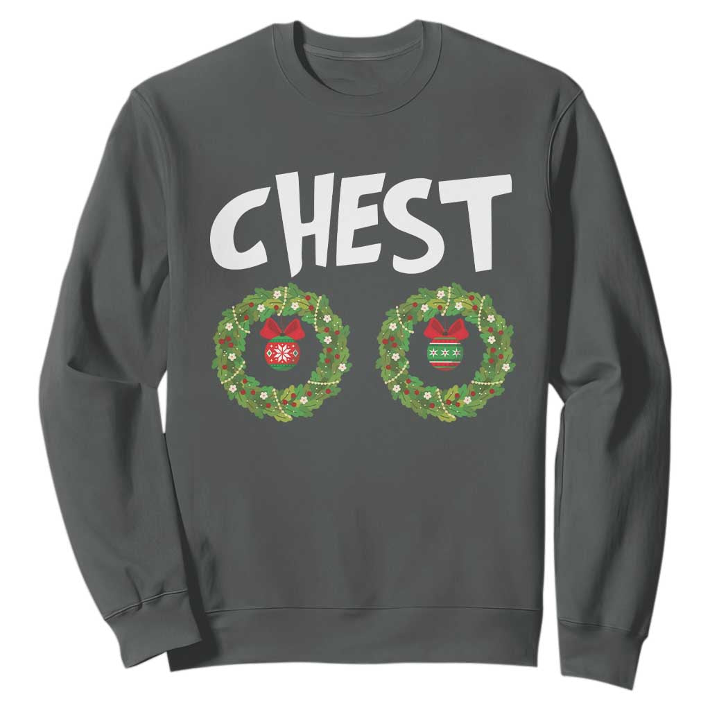 Funny Christmas Couple Sweatshirt Chest Nuts Bauble Xmas Wreath TS11 Dark Heather Print Your Wear