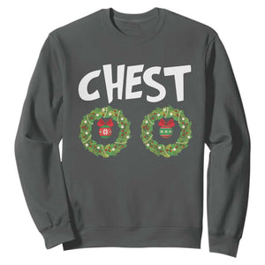 Funny Christmas Couple Sweatshirt Chest Nuts Bauble Xmas Wreath TS11 Dark Heather Print Your Wear