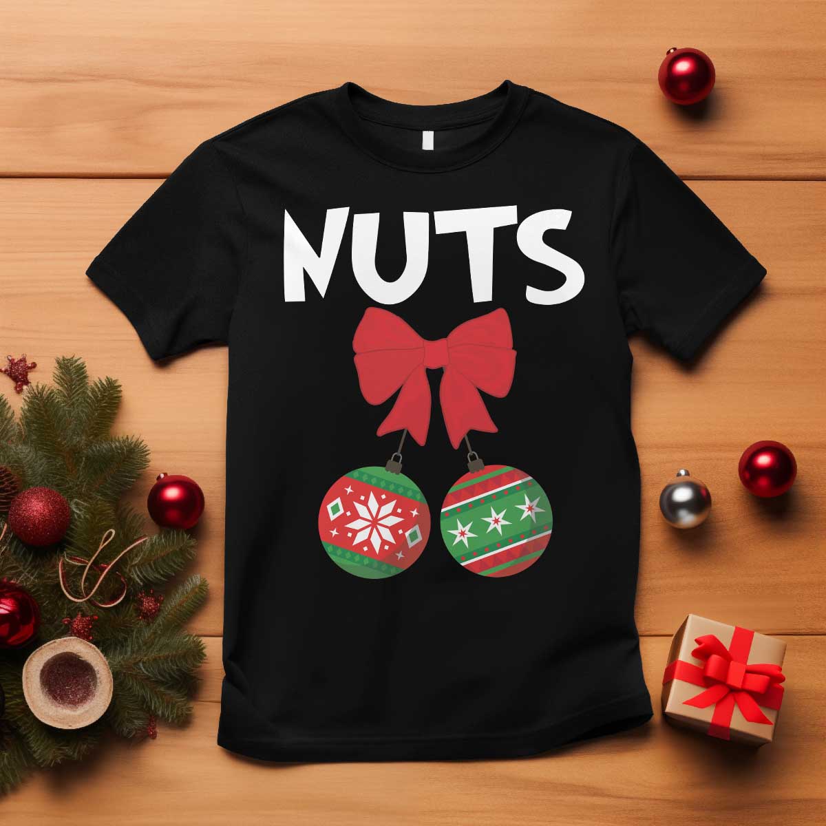 Funny Christmas Couple T Shirt Chest Nuts Baubles TS11 Black Print Your Wear