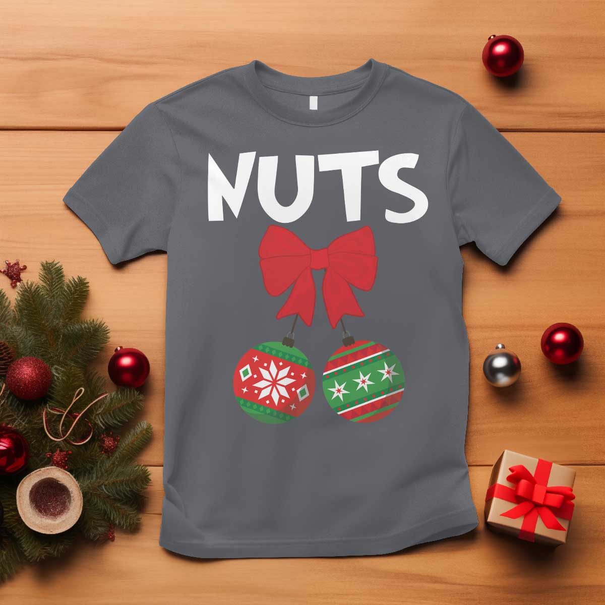 Funny Christmas Couple T Shirt Chest Nuts Baubles TS11 Charcoal Print Your Wear