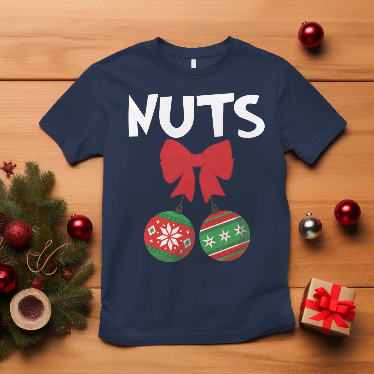Funny Christmas Couple T Shirt Chest Nuts Baubles TS11 Navy Print Your Wear