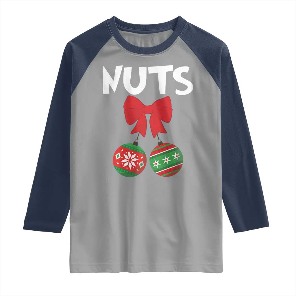 Funny Christmas Couple Raglan Shirt Chest Nuts Baubles TS11 Sport Gray Navy Print Your Wear