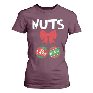Funny Christmas Couple T Shirt For Women Chest Nuts Baubles TS11 Maroon Print Your Wear