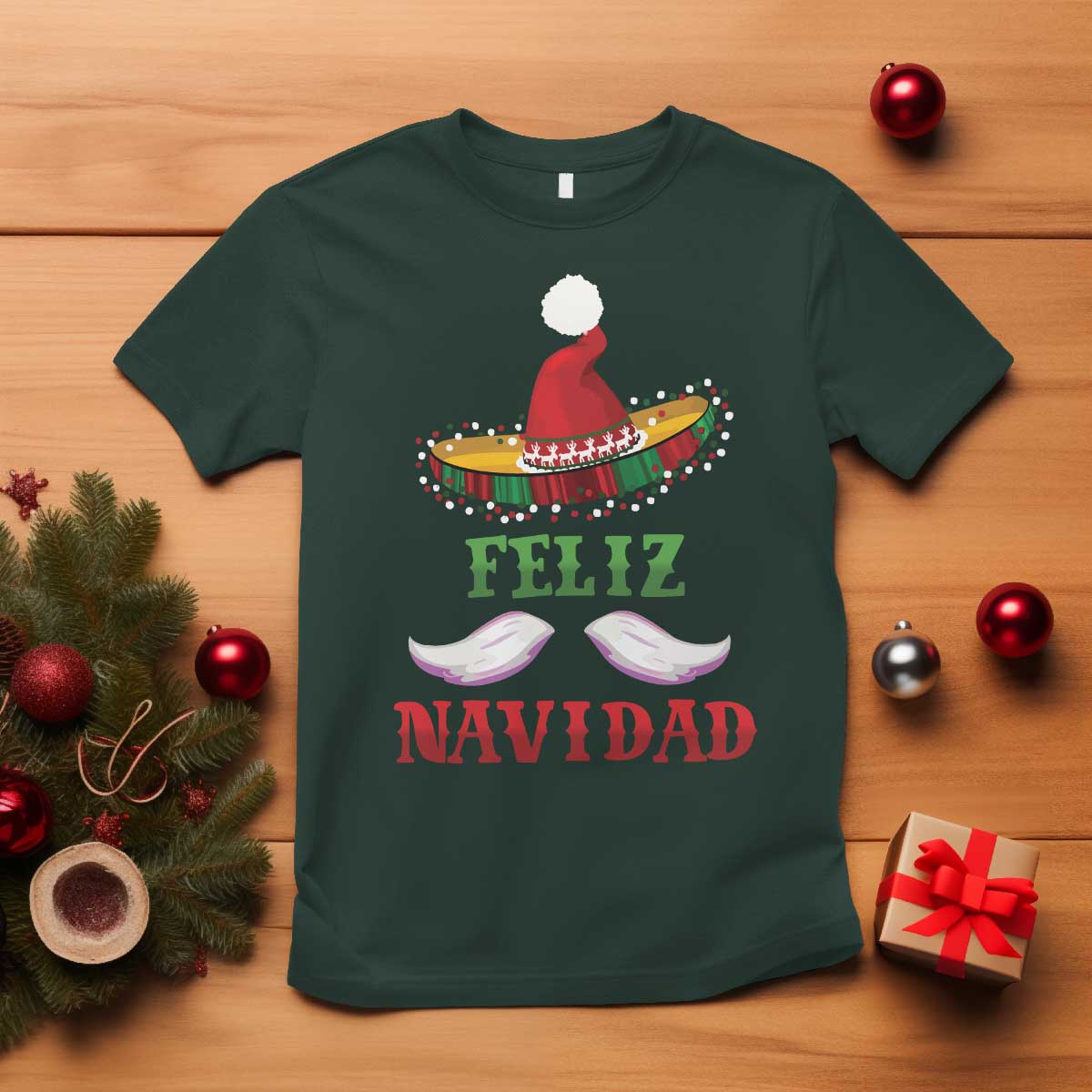 Funny Christmas In Mexico T Shirt Feliz Navidad Sombrero Santa Hat TS11 Dark Forest Green Print Your Wear