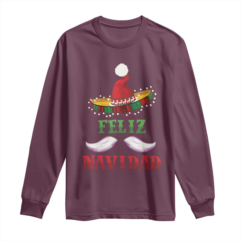 Funny Christmas In Mexico Long Sleeve Shirt Feliz Navidad Sombrero Santa Hat TS11 Maroon Print Your Wear