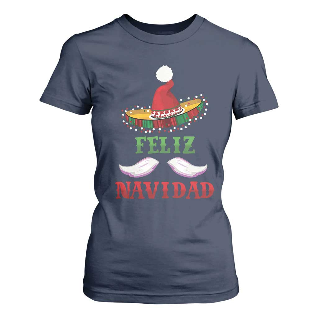 Funny Christmas In Mexico T Shirt For Women Feliz Navidad Sombrero Santa Hat TS11 Navy Print Your Wear