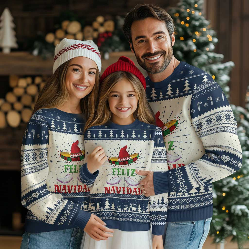 Funny Christmas In Mexico Ugly Christmas Sweater Feliz Navidad Sombrero Santa Hat TS11 Navy Print Your Wear