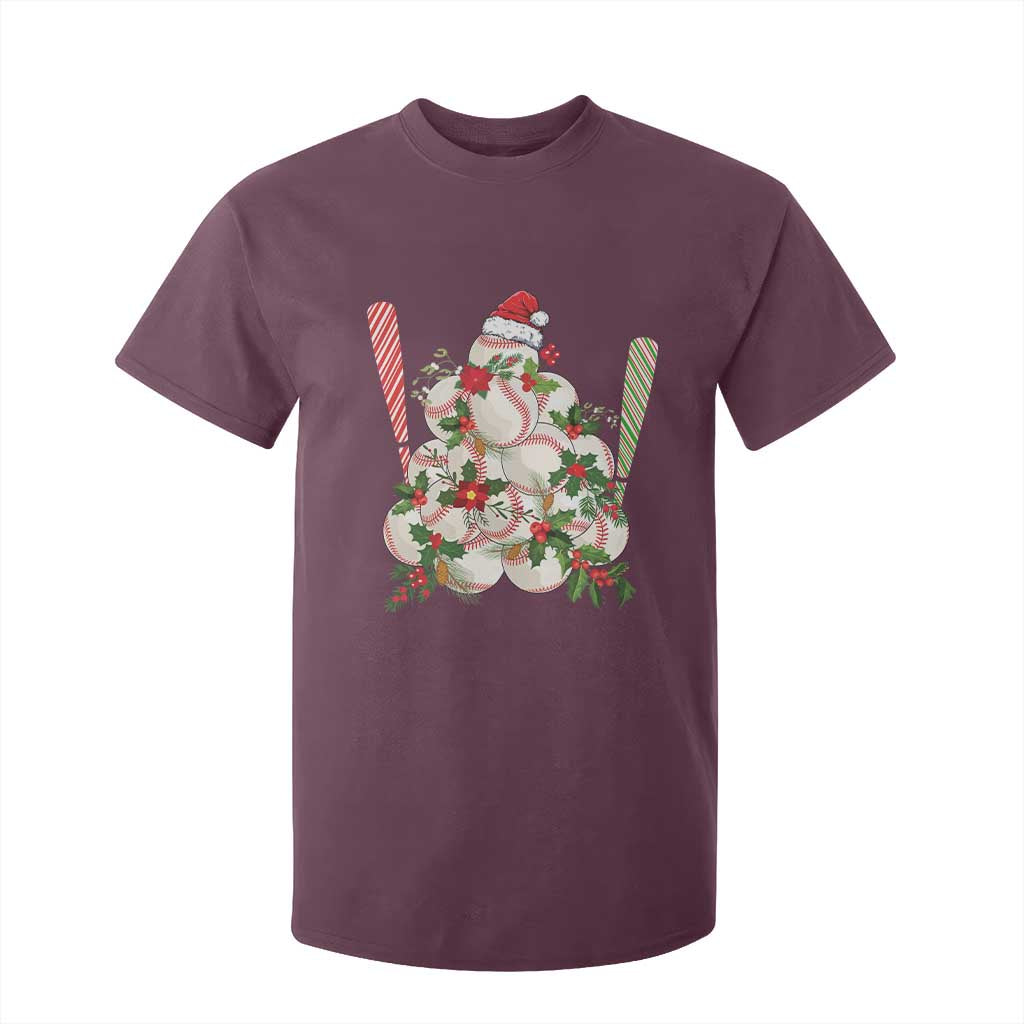 Funny Christmas Baseball T Shirt For Kid Santa Sports Balls Snow Xmas Tree TS11 Maroon Print Your Wear