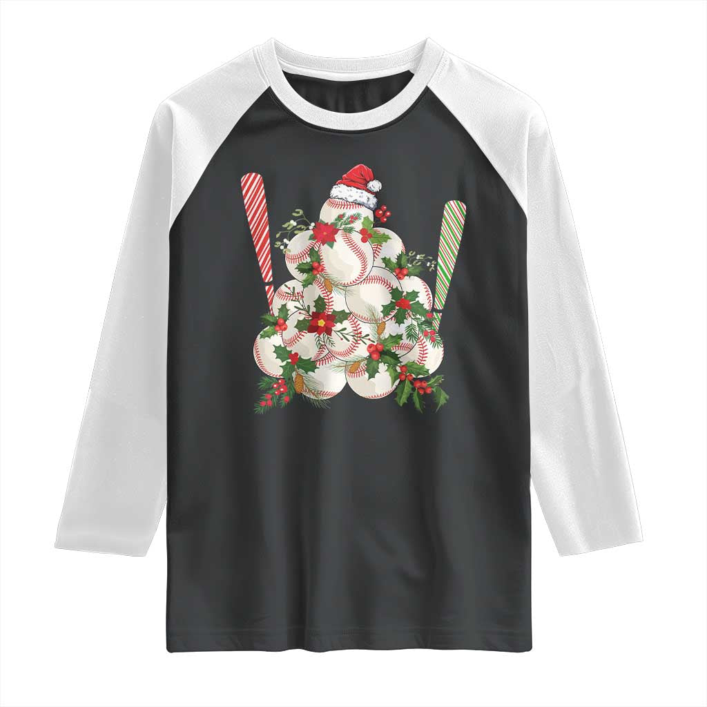 Funny Christmas Baseball Raglan Shirt Santa Sports Balls Snow Xmas Tree TS11 Black White Print Your Wear