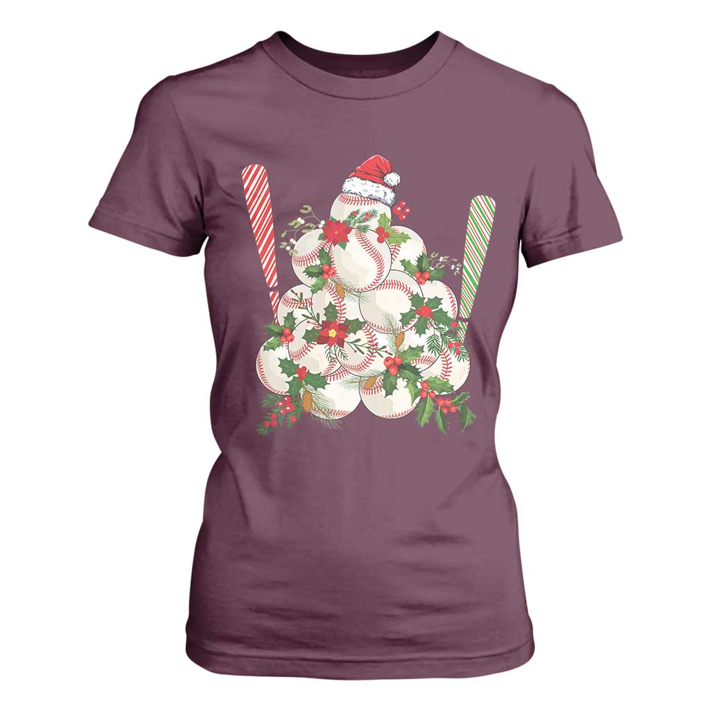 Funny Christmas Baseball T Shirt For Women Santa Sports Balls Snow Xmas Tree TS11 Maroon Print Your Wear