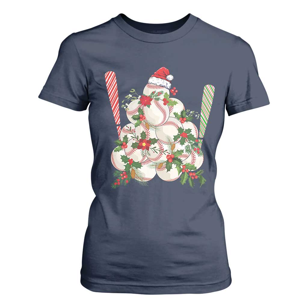 Funny Christmas Baseball T Shirt For Women Santa Sports Balls Snow Xmas Tree TS11 Navy Print Your Wear