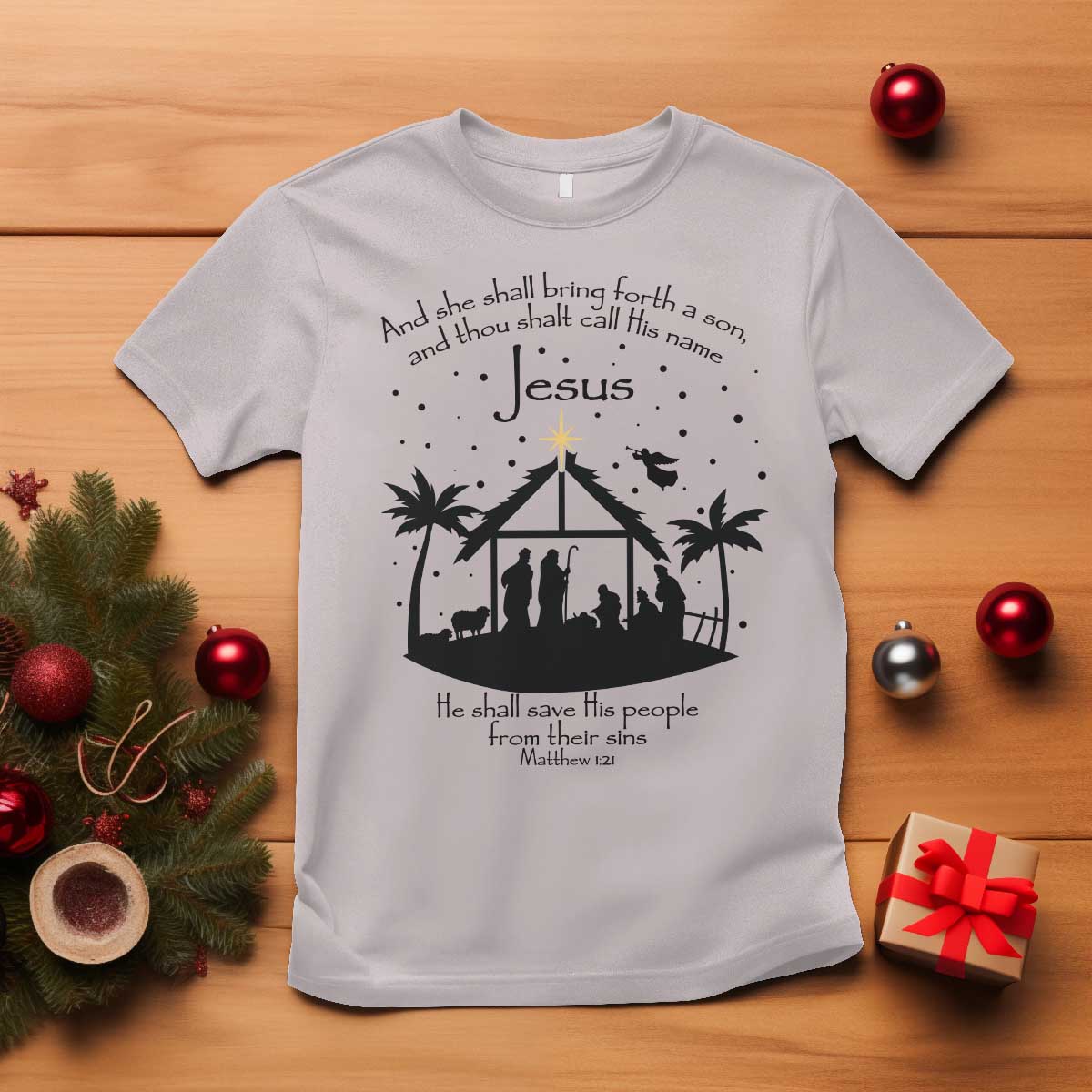 Christian Christmas T Shirt And She Shall Bring Forth A Son And Thou Shalt Call His Name Jesus TS11 Ice Gray Print Your Wear