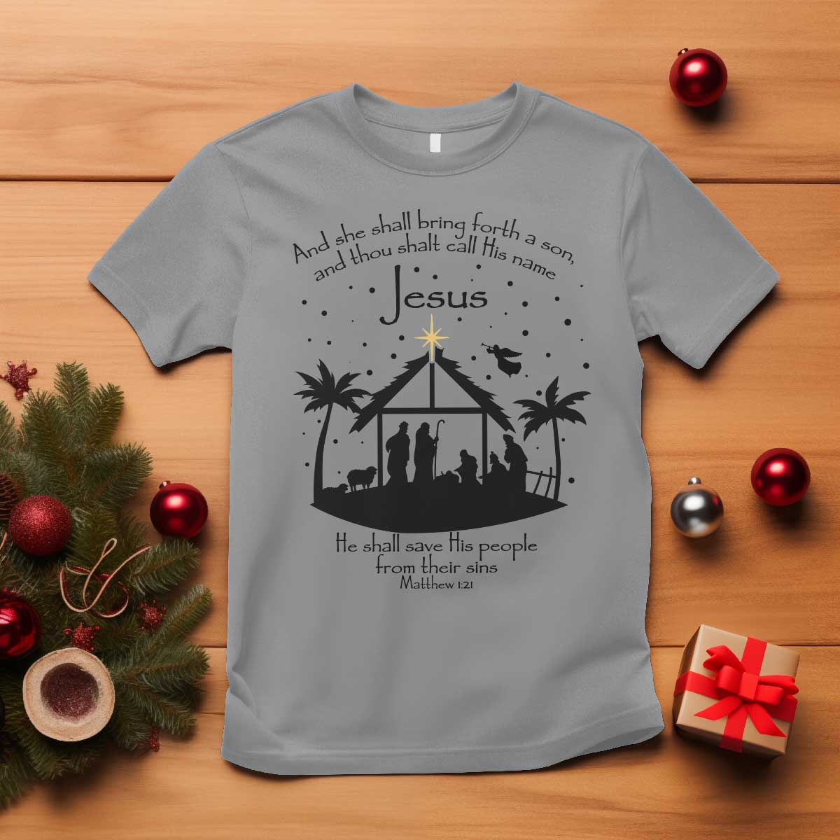 Christian Christmas T Shirt And She Shall Bring Forth A Son And Thou Shalt Call His Name Jesus TS11 Sport Gray Print Your Wear