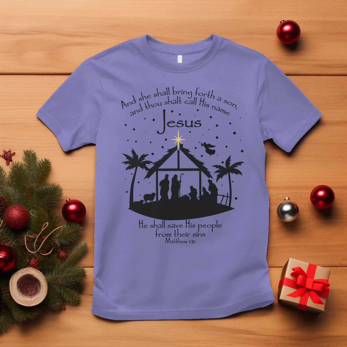 Christian Christmas T Shirt And She Shall Bring Forth A Son And Thou Shalt Call His Name Jesus TS11 Violet Print Your Wear