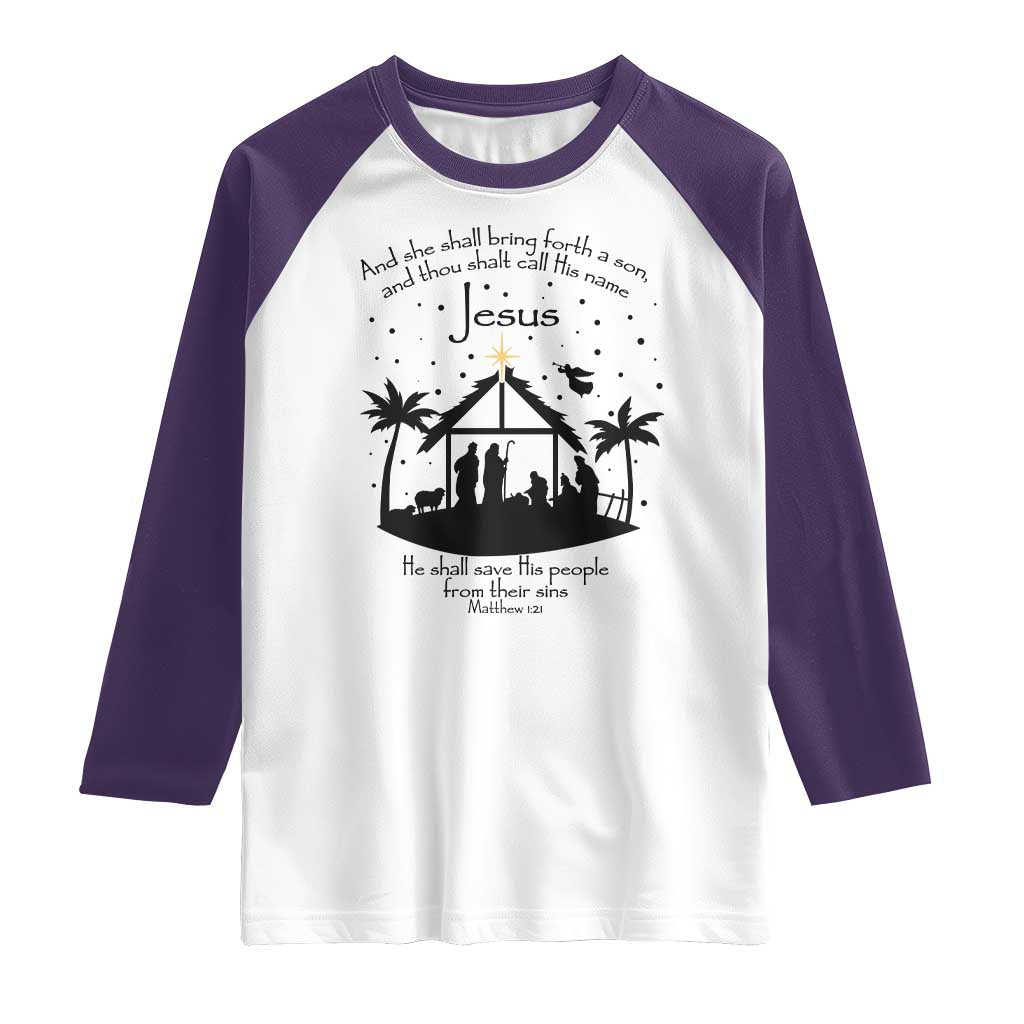 Christian Christmas Raglan Shirt And She Shall Bring Forth A Son And Thou Shalt Call His Name Jesus TS11 White Purple Print Your Wear