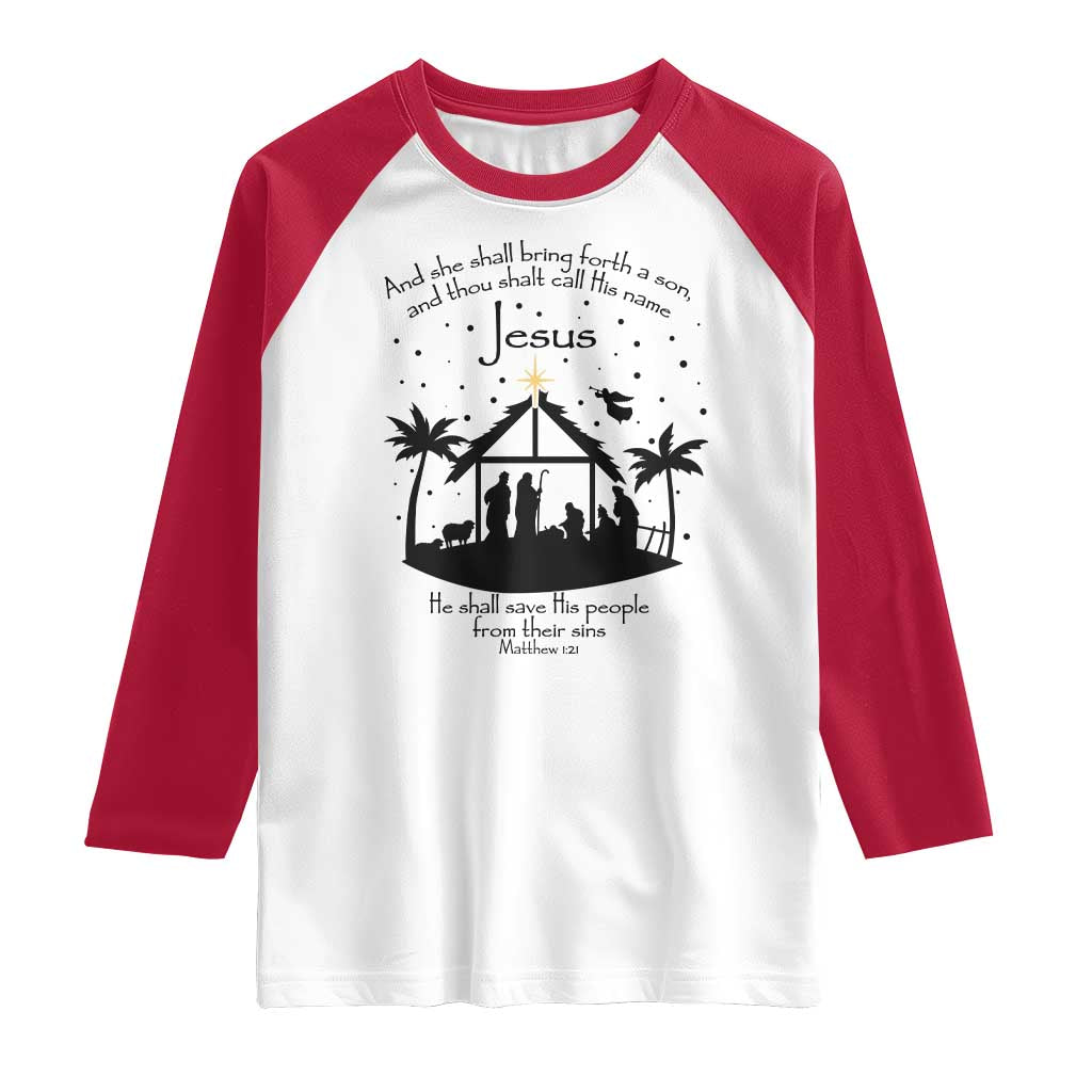 Christian Christmas Raglan Shirt And She Shall Bring Forth A Son And Thou Shalt Call His Name Jesus TS11 White Red Print Your Wear