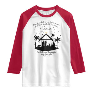 Christian Christmas Raglan Shirt And She Shall Bring Forth A Son And Thou Shalt Call His Name Jesus TS11 White Red Print Your Wear