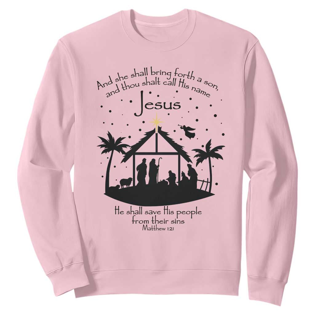 Christian Christmas Sweatshirt And She Shall Bring Forth A Son And Thou Shalt Call His Name Jesus TS11 Light Pink Print Your Wear