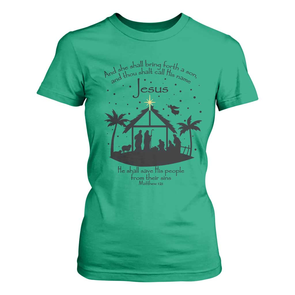 Christian Christmas T Shirt For Women And She Shall Bring Forth A Son And Thou Shalt Call His Name Jesus TS11 Irish Green Print Your Wear