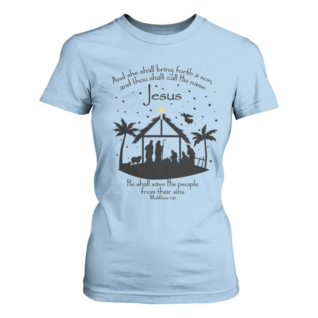 Christian Christmas T Shirt For Women And She Shall Bring Forth A Son And Thou Shalt Call His Name Jesus TS11 Light Blue Print Your Wear