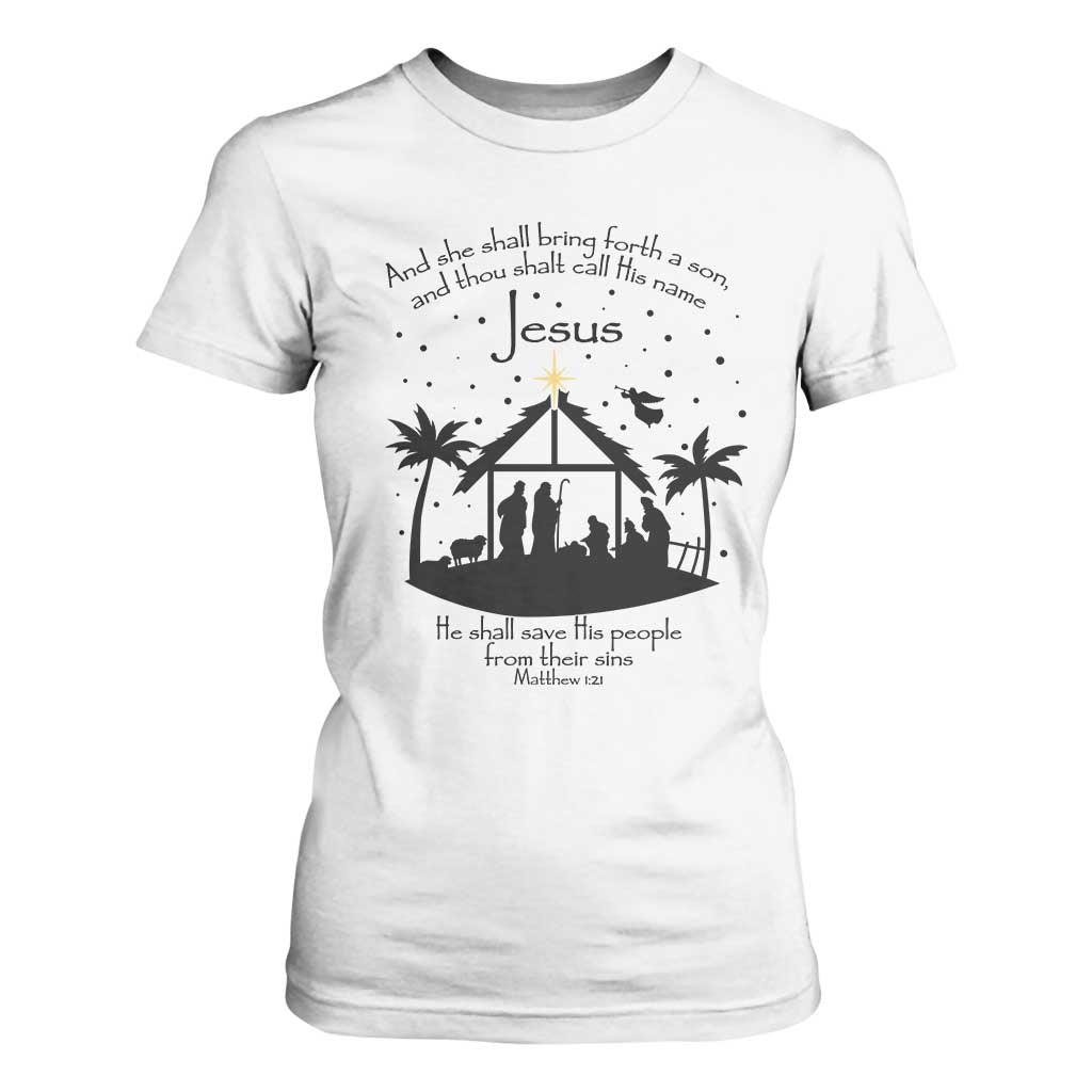 Christian Christmas T Shirt For Women And She Shall Bring Forth A Son And Thou Shalt Call His Name Jesus TS11 White Print Your Wear