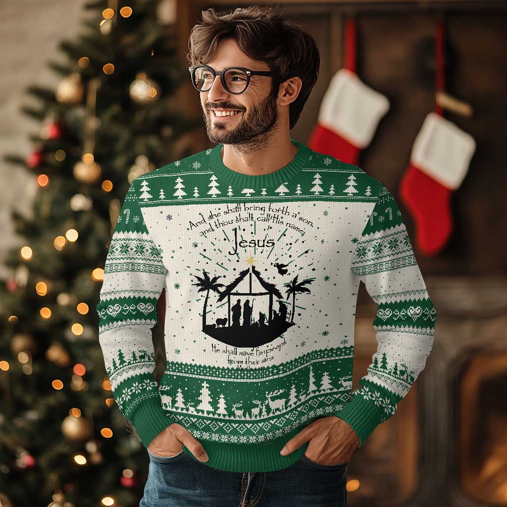 Christian Xmas Ugly Christmas Sweater And She Shall Bring Forth A Son And Thou Shalt Call His Name Jesus TS11 Green Print Your Wear